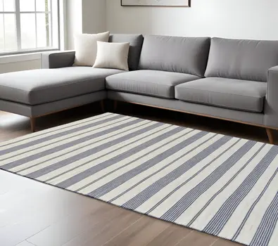 8' X 11' Blue And Ivory Striped Dhurrie Hand Woven Stain Resistant Area Rug