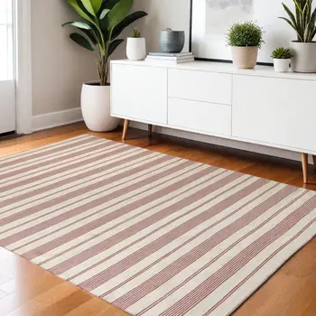 4' X 6' Red and Ivory Striped Hand Woven Area Rug