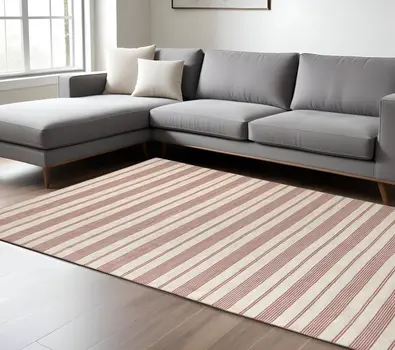 8' X 11' Red and Ivory Striped Hand Woven Area Rug