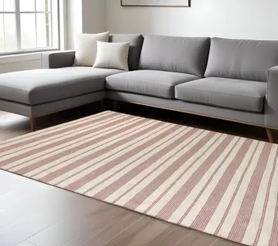 10' X 14' Red And Ivory Striped Dhurrie Hand Woven Stain Resistant Area Rug