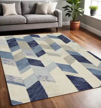 5' X 8' Blue and Ivory Wool Geometric Hand Tufted Area Rug