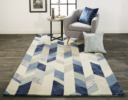 5' X 8' Blue and Ivory Wool Geometric Hand Tufted Area Rug