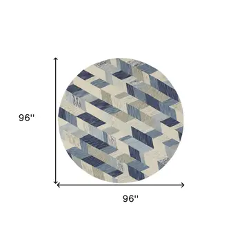 8' Blue Ivory And Gray Round Wool Geometric Tufted Handmade Area Rug