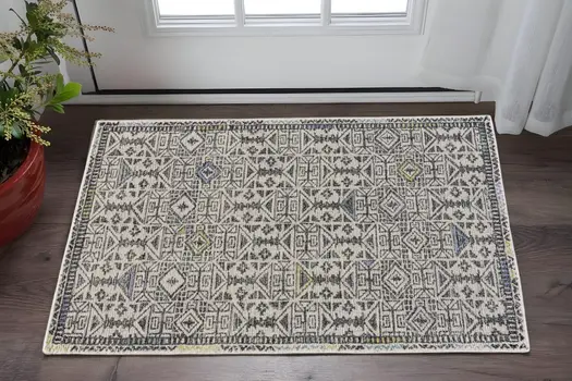 2' X 3' Gray Ivory And Black Wool Geometric Tufted Handmade Area Rug