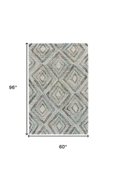5' X 8' Blue Gray And Ivory Wool Geometric Tufted Handmade Area Rug