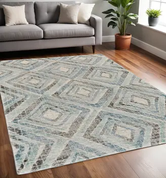 5' X 8' Blue Gray And Ivory Wool Geometric Tufted Handmade Area Rug
