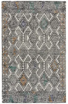 5' X 8' Black Ivory And Green Wool Geometric Tufted Handmade Distressed Area Rug