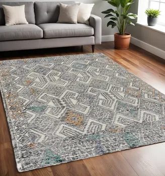 5' X 8' Black Ivory And Green Wool Geometric Tufted Handmade Distressed Area Rug