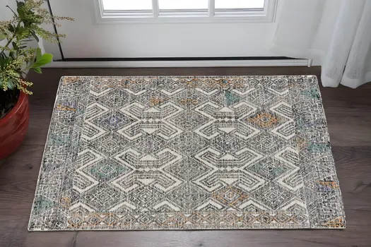 2' X 3' Black and Ivory Wool Chevron Hand Tufted Distressed Area Rug