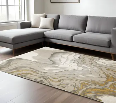 7' X 10' Gold Ivory and Gray Abstract Area Rug