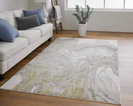 7' X 10' Gold Ivory and Gray Abstract Area Rug