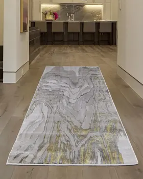8' Gold and Ivory Abstract Runner Rug
