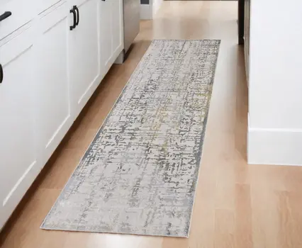8' Ivory and Gray Abstract Distressed Runner Rug