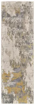 8' Ivory Gray and Gold Abstract Runner Rug