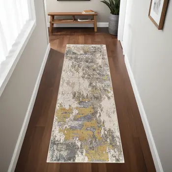 8' Ivory Gray and Gold Abstract Runner Rug
