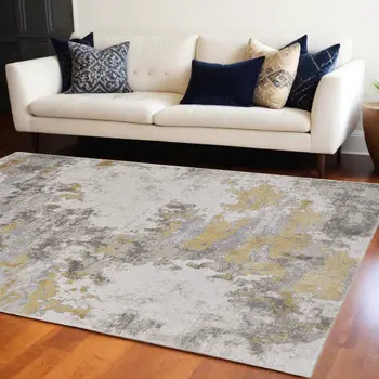 12' X 15' Ivory Gold And Gray Abstract Stain Resistant Area Rug