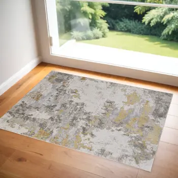 2' X 3' Ivory Gold And Gray Abstract Stain Resistant Area Rug