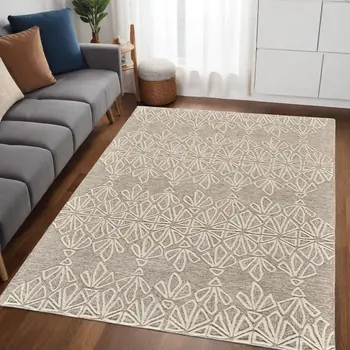 5' X 8' Tan And Ivory Wool Geometric Tufted Handmade Stain Resistant Area Rug
