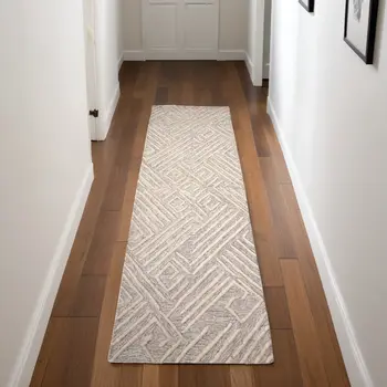 8' Ivory and Tan Geometric Hand Tufted Runner Rug