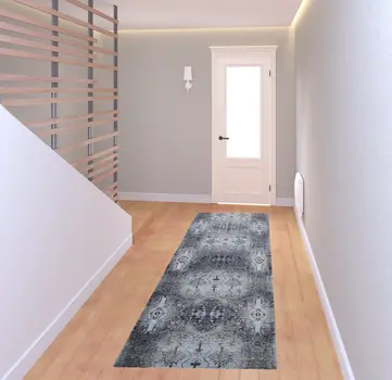8' Blue Gray And Taupe Abstract Stain Resistant Runner Rug