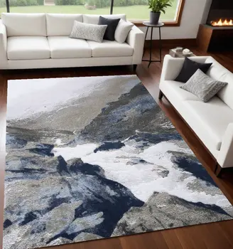 5' X 7' Blue Gray And White Abstract Stain Resistant Area Rug