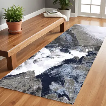 8' Blue Gray And White Abstract Stain Resistant Runner Rug