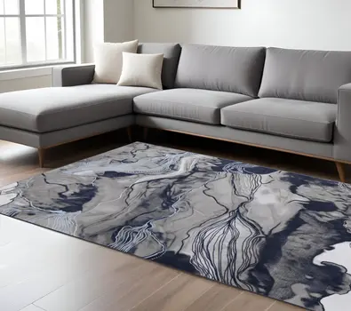 8' X 11' Blue Gray and Ivory Abstract Power Loom Non Skid Area Rug