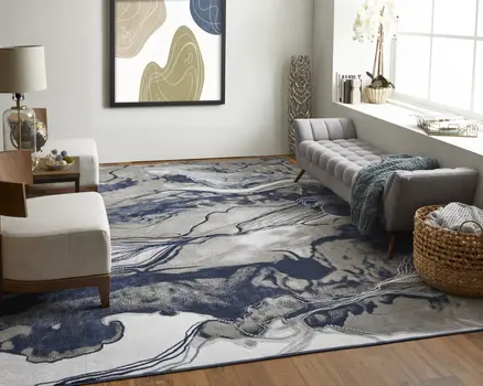 8' X 11' Blue Gray and Ivory Abstract Power Loom Non Skid Area Rug