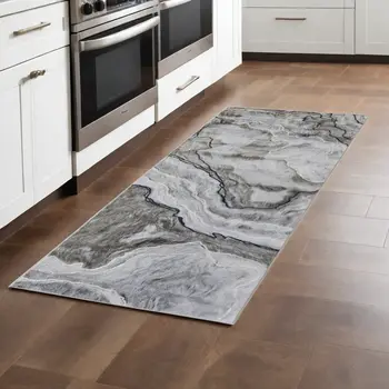 8' Taupe Gray And Blue Abstract Power Loom Stain Resistant Runner Rug