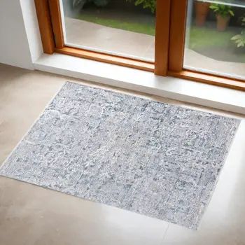 2' X 3' Blue Gray And Silver Abstract Distressed Area Rug With Fringe