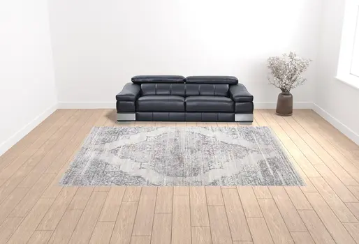 10' X 14' Ivory Gray And Pink Abstract Distressed Area Rug With Fringe