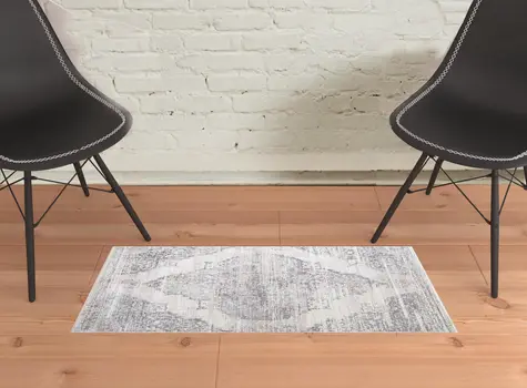 2' X 3' Ivory Gray And Pink Abstract Distressed Area Rug With Fringe