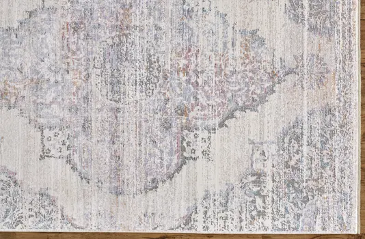 2' X 3' Ivory Gray And Pink Abstract Distressed Area Rug With Fringe
