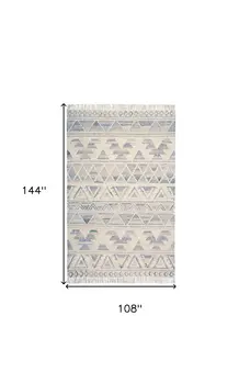 9' X 12' Blue and Ivory Wool Geometric Flatweave Handmade Area Rug With Fringe
