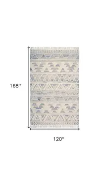 10' X 14' Blue and Ivory Wool Geometric Flatweave Handmade Area Rug With Fringe