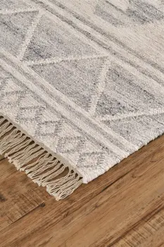 10' X 14' Blue and Ivory Wool Geometric Flatweave Handmade Area Rug With Fringe