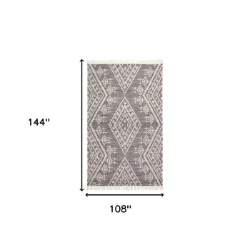 9' X 12' Gray Ivory And Blue Wool Geometric Dhurrie Flatweave Handmade Area Rug With Fringe
