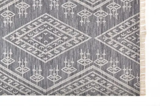 9' X 12' Gray Ivory And Blue Wool Geometric Dhurrie Flatweave Handmade Area Rug With Fringe