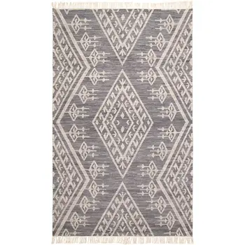 10' X 14' Gray Ivory And Blue Wool Geometric Dhurrie Flatweave Handmade Area Rug With Fringe