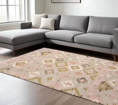 10' X 14' Pink Gold And Taupe Wool Geometric Dhurrie Flatweave Handmade Area Rug With Fringe