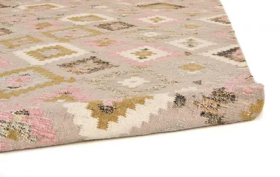 10' X 14' Pink Gold And Taupe Wool Geometric Dhurrie Flatweave Handmade Area Rug With Fringe