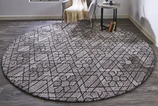 10' Black and Taupe Round Wool Paisley Hand Tufted Area Rug