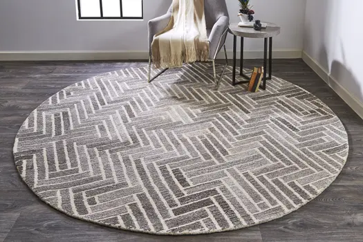 8' Tan and Gray Round Wool Geometric Hand Tufted Area Rug