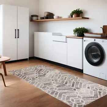 8' Gray And Ivory Wool Geometric Hand Tufted Runner Rug