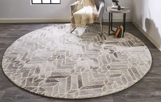 10' Gray and Ivory Round Wool Geometric Hand Tufted Area Rug