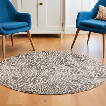 10' Gray and White Round Wool Abstract Hand Tufted Area Rug
