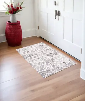 2' X 3' Gray and White Abstract Geometric Hand Tufted Distressed Area Rug