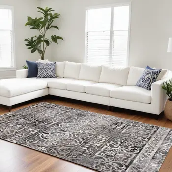 7' X 10' Gray and Ivory Oriental Distressed Area Rug
