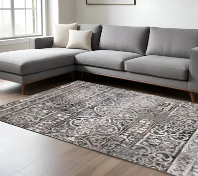 7' X 10' Gray and Ivory Oriental Distressed Area Rug