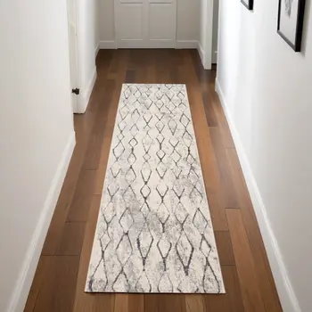 8' Gray and Ivory Abstract Runner Rug